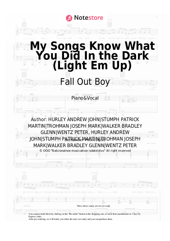 My Songs Know What You Did In the Dark (Light Em Up) - Fall Out Boy Piano Sheet Music with the Voice part - Piano&Vocal