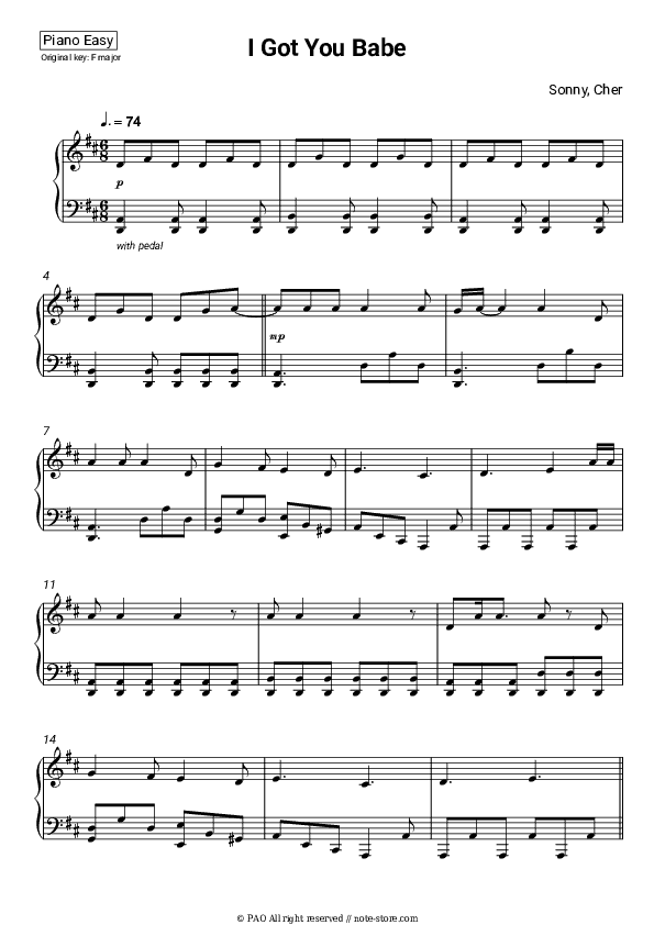 I Got You Babe - Sonny, Cher Piano Sheet Music Easy - Piano.Easy