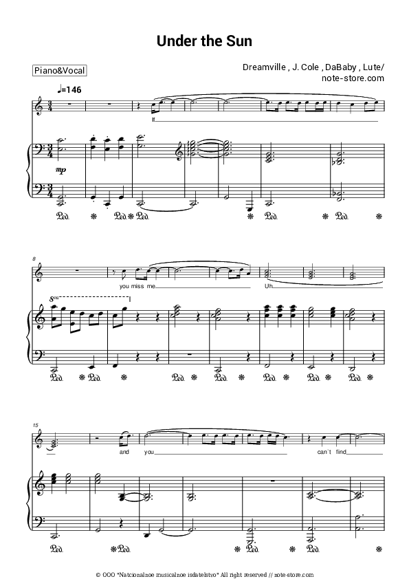 Under the Sun - Dreamville, J. Cole, DaBaby, Lute Piano Sheet Music with the Voice part - Piano&Vocal