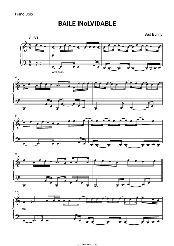 BAILE INoLVIDABLE - Bad Bunny Piano Sheet Music - Piano.Solo