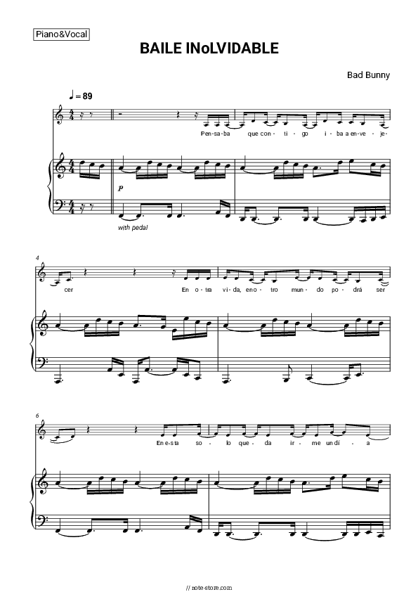 BAILE INoLVIDABLE - Bad Bunny Piano Sheet Music with the Voice part - Piano&Vocal