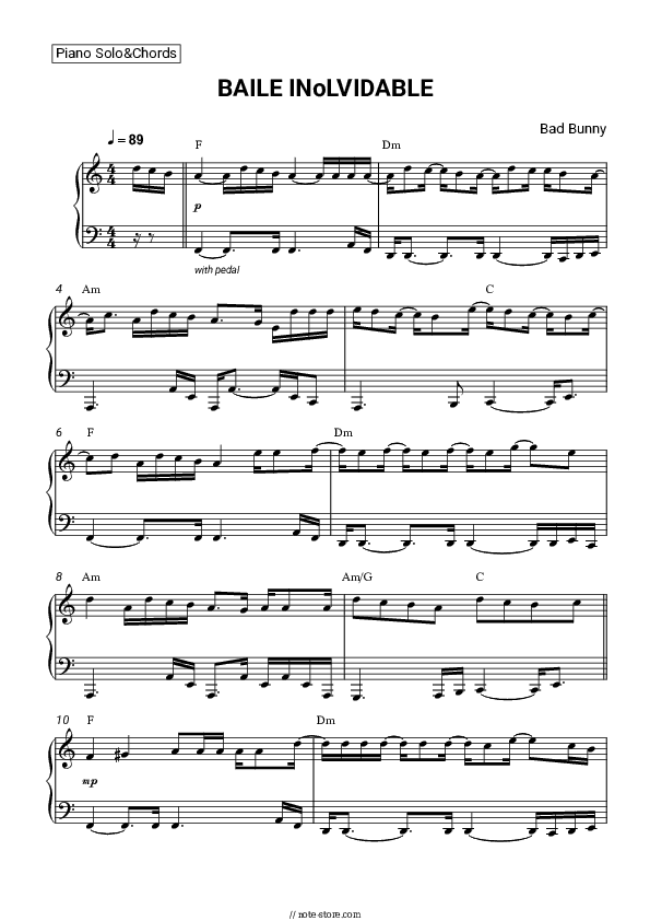 BAILE INoLVIDABLE - Bad Bunny Piano Sheet Music and Chords - Piano.Solo&Chords