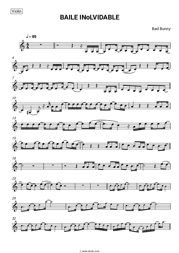 BAILE INoLVIDABLE - Bad Bunny Violin Sheet Music - Violin