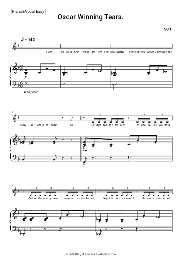 Oscar Winning Tears. - Raye Piano Sheet Music Easy and Vocal - Piano&Vocal.Easy