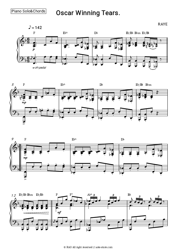 Oscar Winning Tears. - Raye Piano Sheet Music and Chords - Piano.Solo&Chords