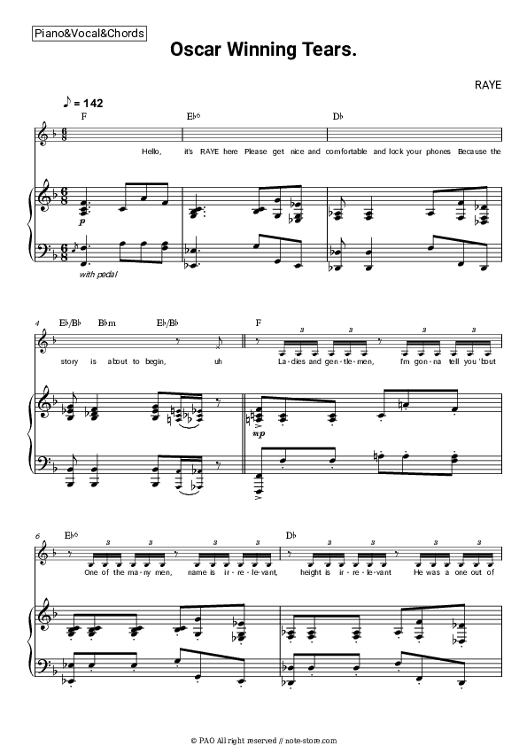 Oscar Winning Tears. - Raye Piano Sheet Music with the Vocal and Chords - Piano&Vocal&Chords