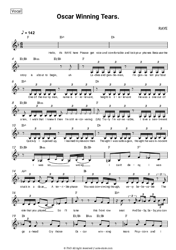 Oscar Winning Tears. - Raye Vocal Sheet Music - Vocal