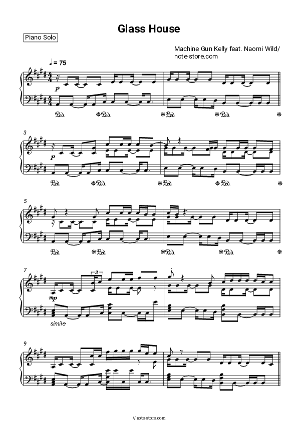 Glass House - Machine Gun Kelly, Naomi Wild Piano Sheet Music - Piano.Solo