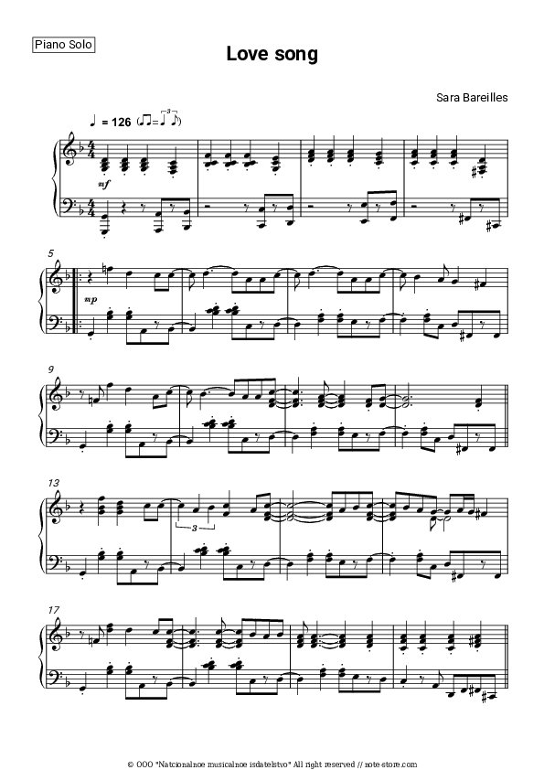 Love Song - Sara Bareilles Piano Sheet Music - Piano.Solo