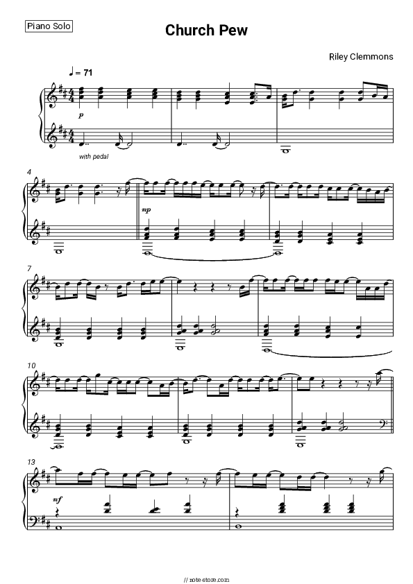 Church Pew - Riley Clemmons Piano Sheet Music - Piano.Solo