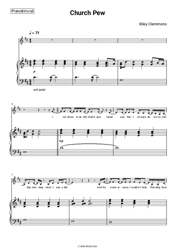 Church Pew - Riley Clemmons Piano Sheet Music with the Voice part - Piano&Vocal