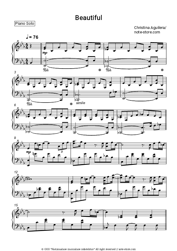 Beautiful - Christina Aguilera Piano Sheet Music - Piano.Solo