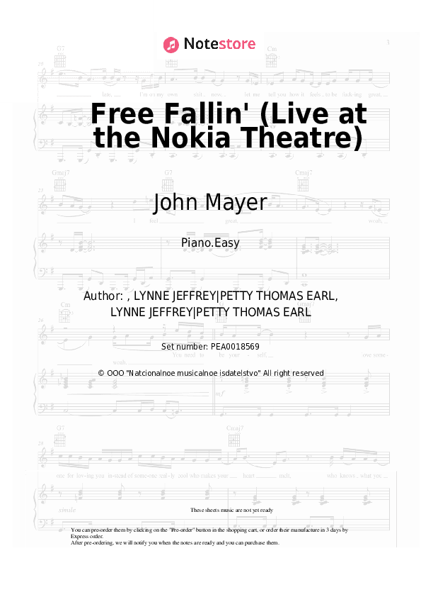 Free Fallin' (Live at the Nokia Theatre) - John Mayer Piano Sheet Music Easy - Piano.Easy