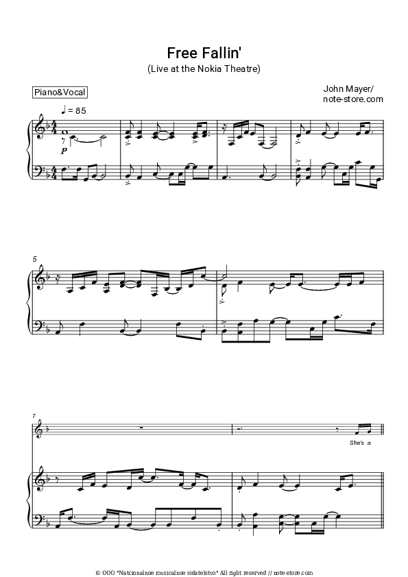 Free Fallin' (Live at the Nokia Theatre) - John Mayer Piano Sheet Music with the Voice part - Piano&Vocal