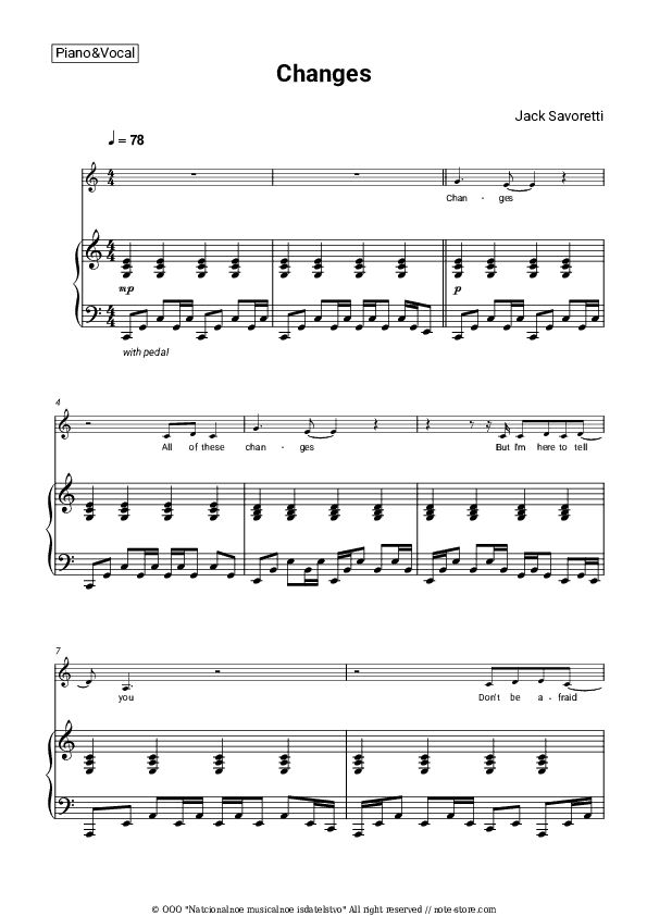 Changes - Jack Savoretti Piano Sheet Music with the Voice part - Piano&Vocal