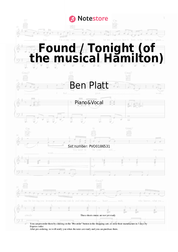 Found / Tonight (of the musical Hamilton) - Ben Platt, Lin-Manuel Miranda Piano Sheet Music with the Voice part - Piano&Vocal