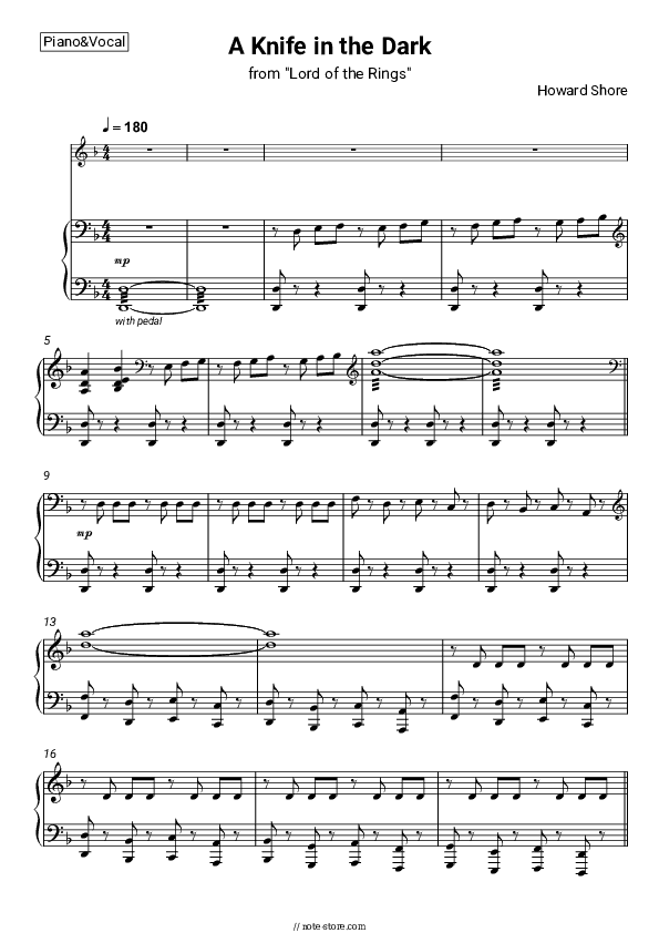 A Knife in the Dark (Lord of the Rings: The Fellowship of the Ring Soundtrack) - Howard Shore Piano Sheet Music with the Voice part - Piano&Vocal