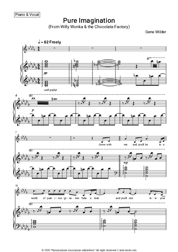 Pure Imagination (From Willy Wonka & the Chocolate Factory) - Gene Wilder Piano Sheet Music with the Voice part - Piano&Vocal