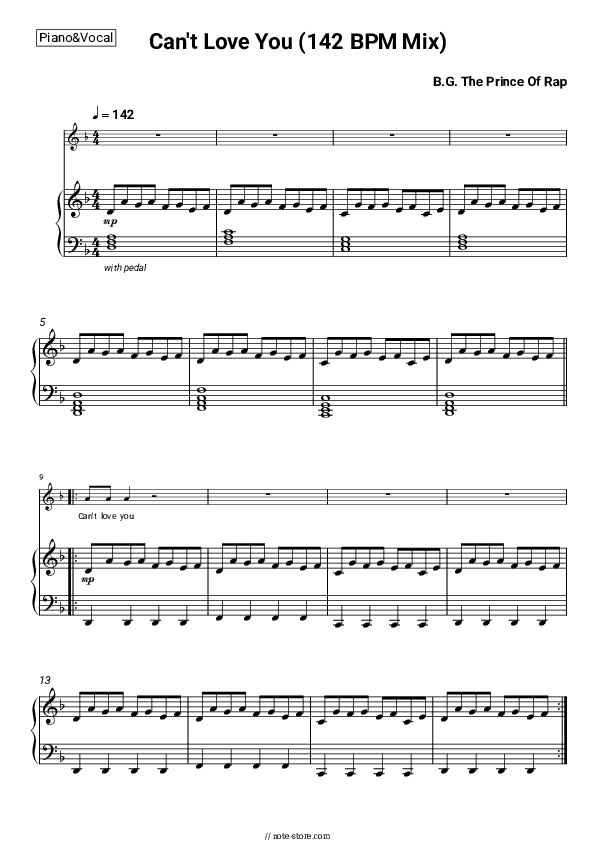 Can't Love You (142 BPM Mix) - B.G. The Prince Of Rap Piano Sheet Music with the Voice part - Piano&Vocal