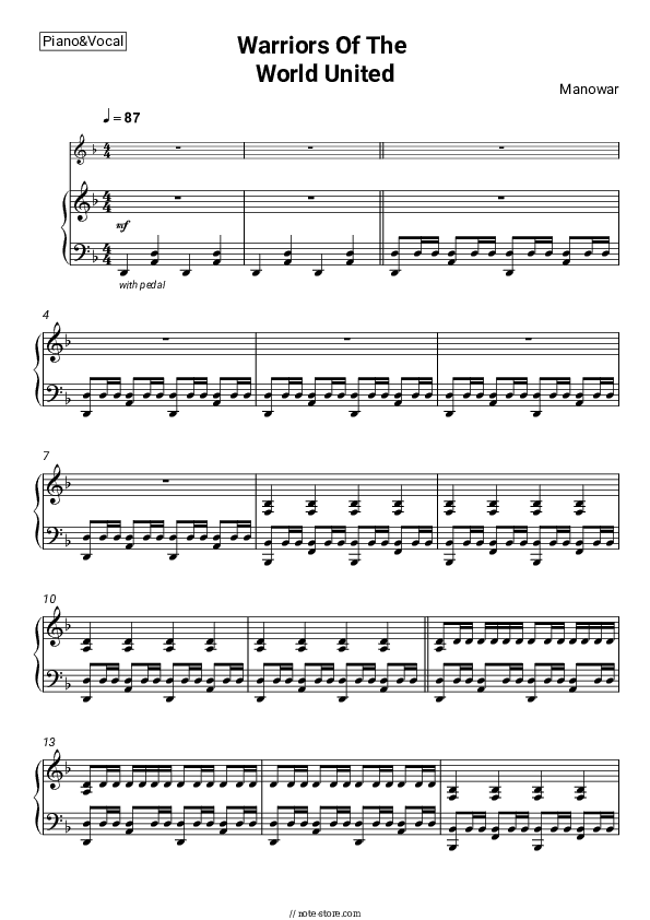 Warriors Of The World United - Manowar Piano Sheet Music with the Voice part - Piano&Vocal