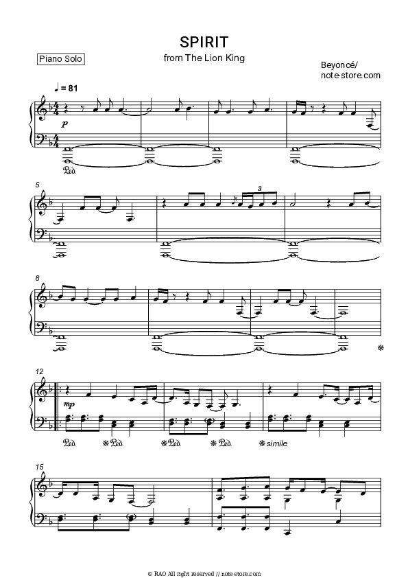 Spirit (From The Lion King) - Beyonce Piano Sheet Music - Piano.Solo