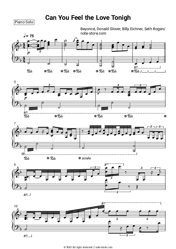 Can You Feel the Love Tonight (From The Lion King) - Beyonce, Donald Glover, Billy Eichner, Seth Rogen Piano Sheet Music - Piano.Solo