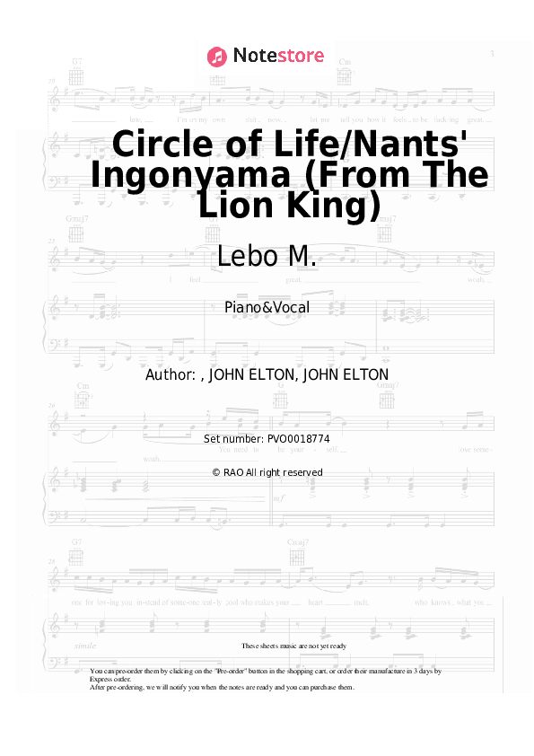 Circle of Life/Nants' Ingonyama (From The Lion King) - Lebo M., Carmen Twillie, Elton John Piano Sheet Music with the Voice part - Piano&Vocal
