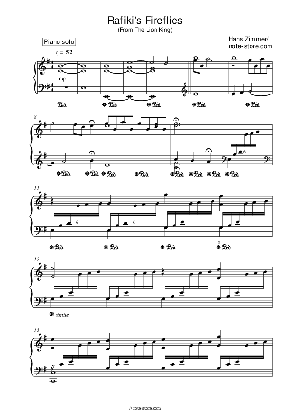 Rafiki's Fireflies (From The Lion King) - Hans Zimmer Piano Sheet Music - Piano.Solo