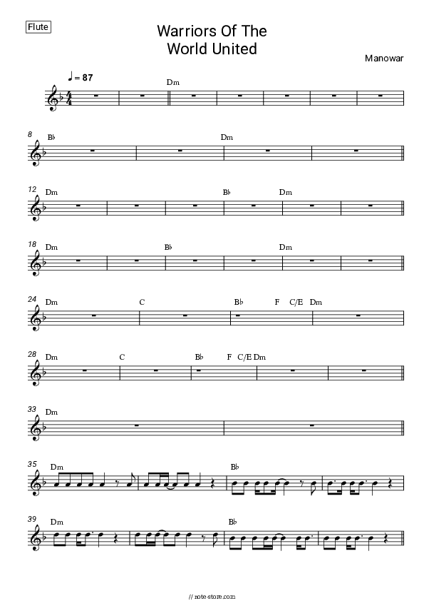 Warriors Of The World United - Manowar Flute Sheet Music - Flute