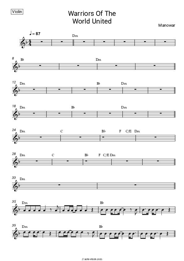 Warriors Of The World United - Manowar Violin Sheet Music - Violin