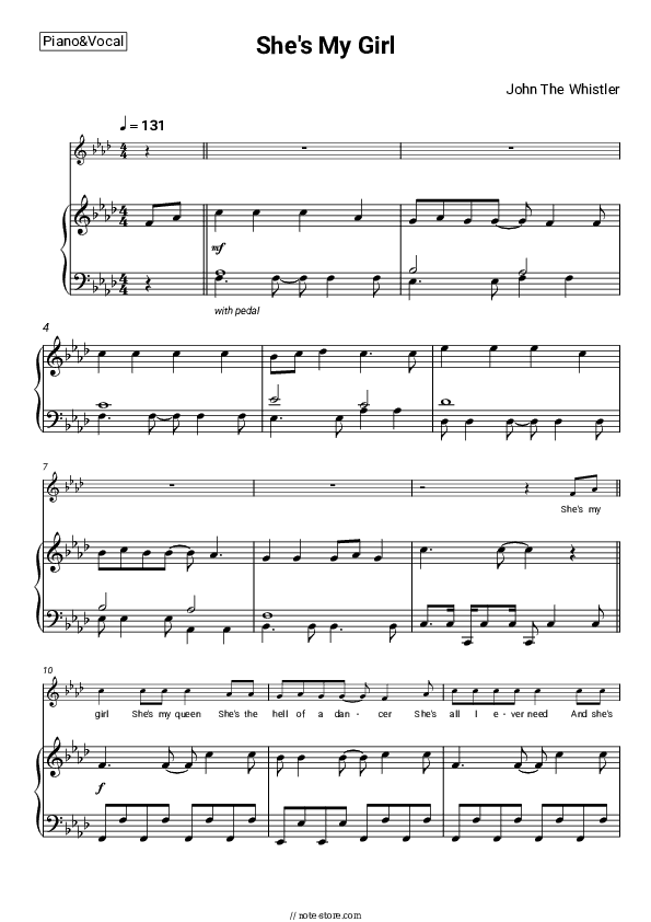 She's My Girl - John The Whistler Piano Sheet Music with the Voice part - Piano&Vocal