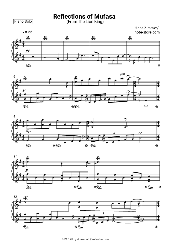 Reflections of Mufasa (From The Lion King) - Hans Zimmer Piano Sheet Music - Piano.Solo