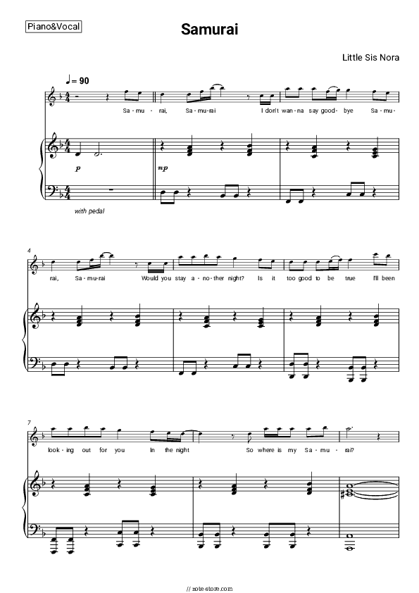 Samurai - Little Sis Nora Piano Sheet Music with the Voice part - Piano&Vocal