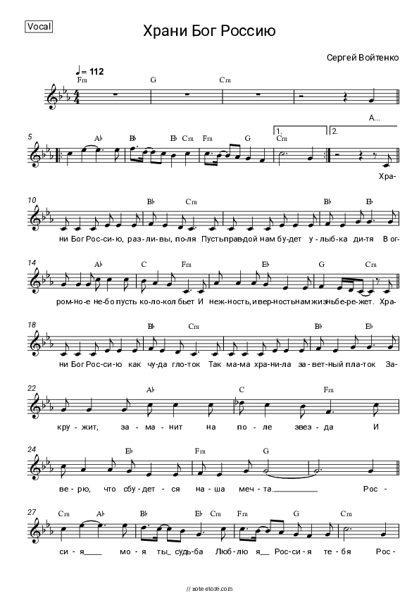 Храни Бог Россию - Sergey Voitenko Vocal Sheet Music - Vocal