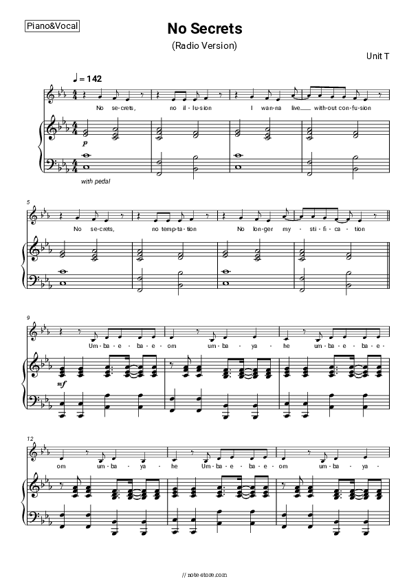 No Secrets (Radio Version) - Unit T Piano Sheet Music with the Voice part - Piano&Vocal