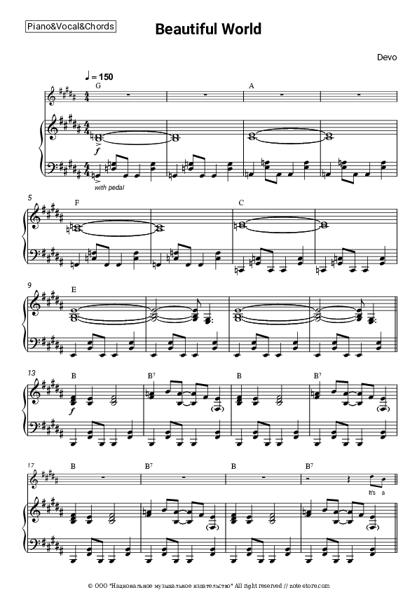 Beautiful World - Devo Piano Sheet Music with the Vocal and Chords - Piano&Vocal&Chords