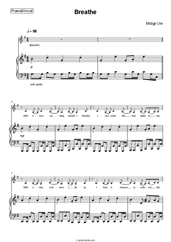 Breathe - Midge Ure Piano Sheet Music with the Voice part - Piano&Vocal