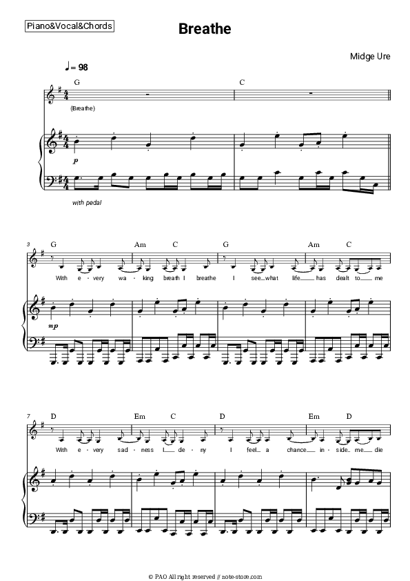 Breathe - Midge Ure Piano Sheet Music with the Vocal and Chords - Piano&Vocal&Chords