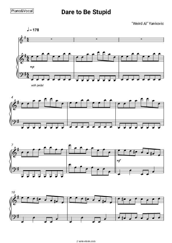 Dare to Be Stupid - "Weird Al" Yankovic Piano Sheet Music with the Voice part - Piano&Vocal