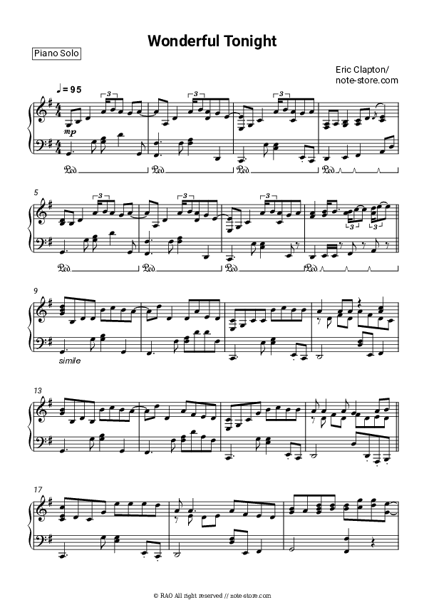 Wonderful Tonight - Eric Clapton Piano Sheet Music - Piano.Solo