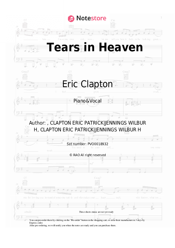 Tears in Heaven - Eric Clapton Piano Sheet Music with the Voice part - Piano&Vocal