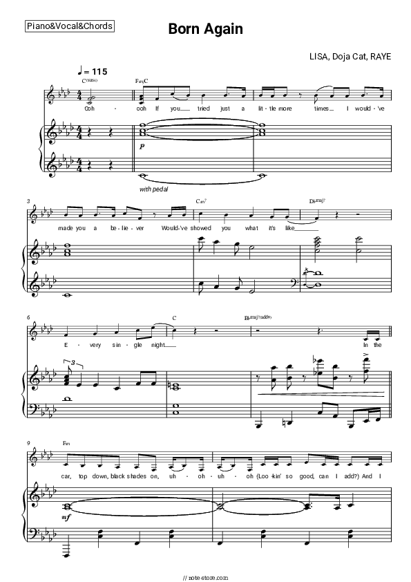 Born Again - LISA, Doja Cat, Raye Piano Sheet Music with the Vocal and Chords - Piano&Vocal&Chords