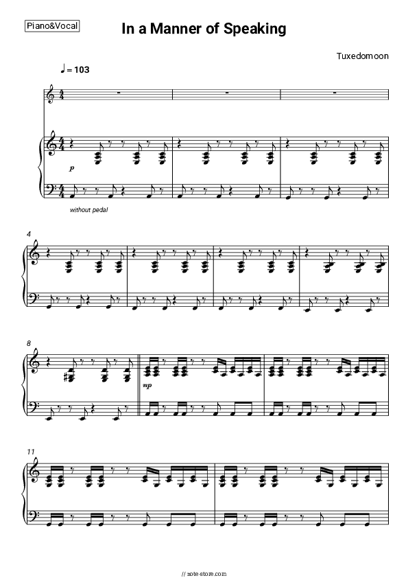 In a Manner of Speaking - Tuxedomoon Piano Sheet Music with the Voice part - Piano&Vocal