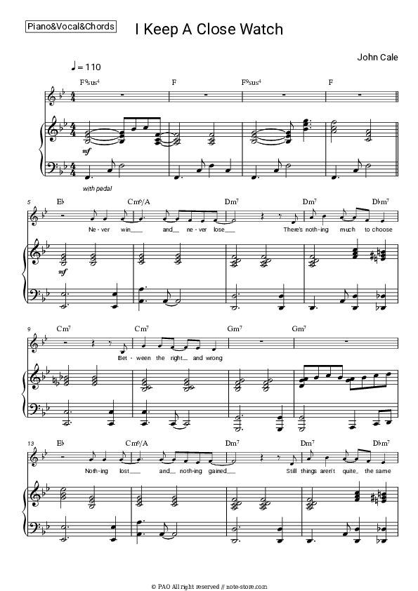 I Keep a Close Watch - John Cale Piano Sheet Music with the Vocal and Chords - Piano&Vocal&Chords