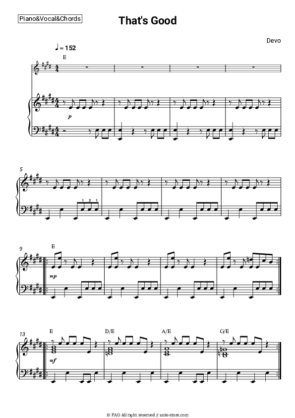 That's Good - Devo Piano Sheet Music with the Vocal and Chords - Piano&Vocal&Chords