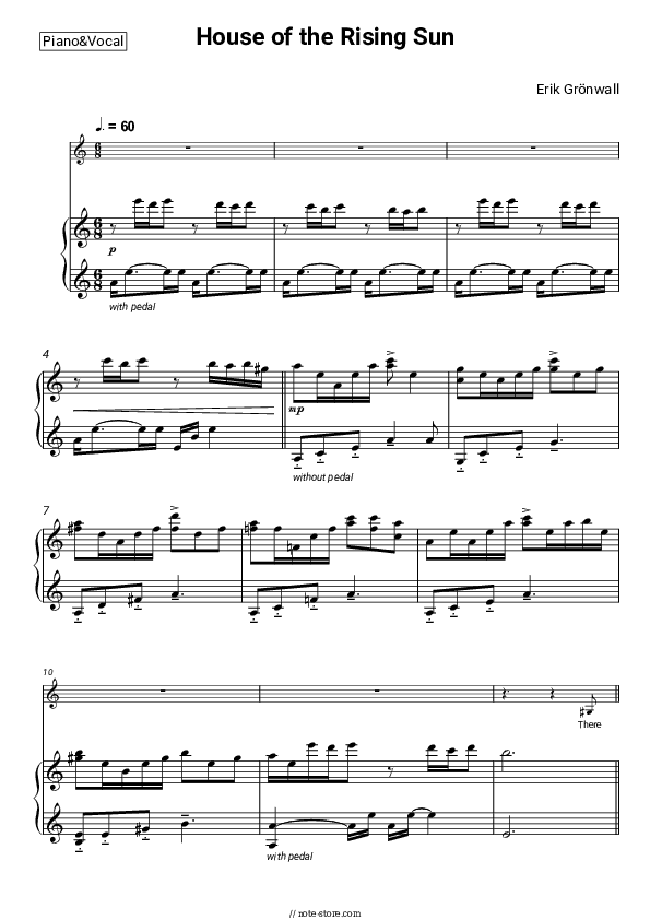 House of the Rising Sun - Erik Grönwall Piano Sheet Music with the Voice part - Piano&Vocal