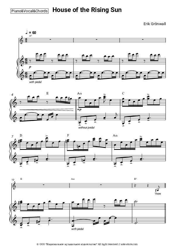 House of the Rising Sun - Erik Grönwall Piano Sheet Music with the Vocal and Chords - Piano&Vocal&Chords