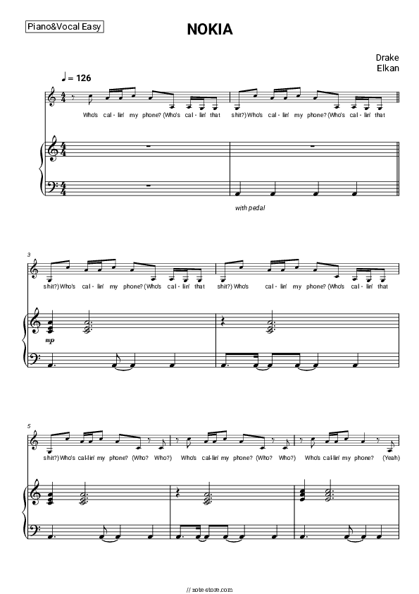 NOKIA - Drake, Elkan Piano Sheet Music Easy and Vocal - Piano&Vocal.Easy