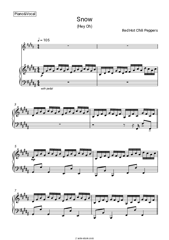 Snow (Hey Oh) - Red Hot Chili Peppers Piano Sheet Music with the Voice part - Piano&Vocal