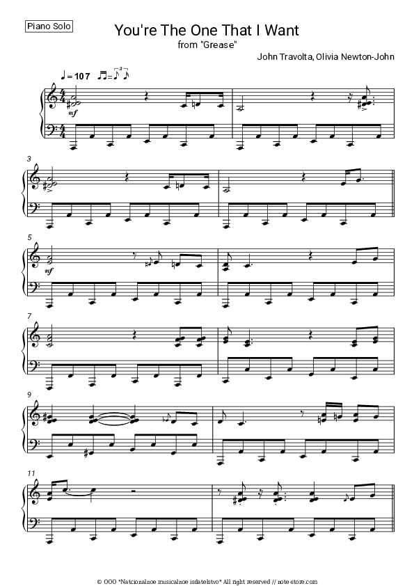 You're the One That I Want (From Grease) - John Travolta, Olivia Newton-John Piano Sheet Music - Piano.Solo